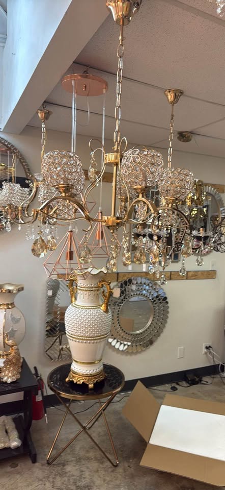 Elegant Gold Crystal Chandelier – 6 Light, Hanging Pendant