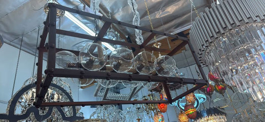 clearance Rustic Industrial Rectangular Chandelier with Glass Globes, 39”W x 15”H (Adjustable)