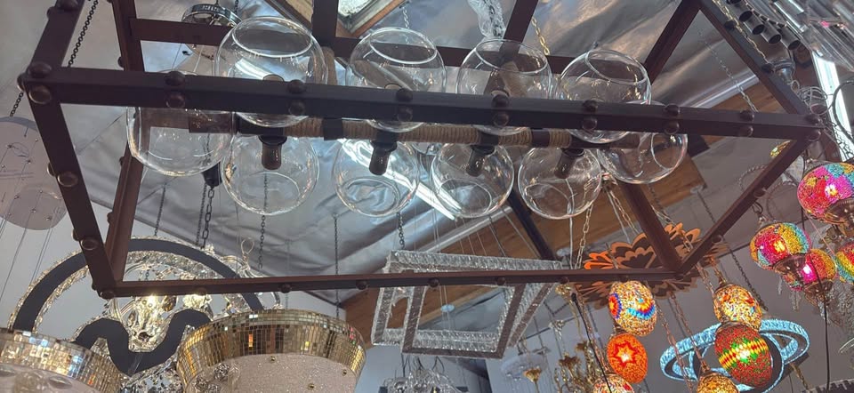 clearance Rustic Industrial Rectangular Chandelier with Glass Globes, 39”W x 15”H (Adjustable)