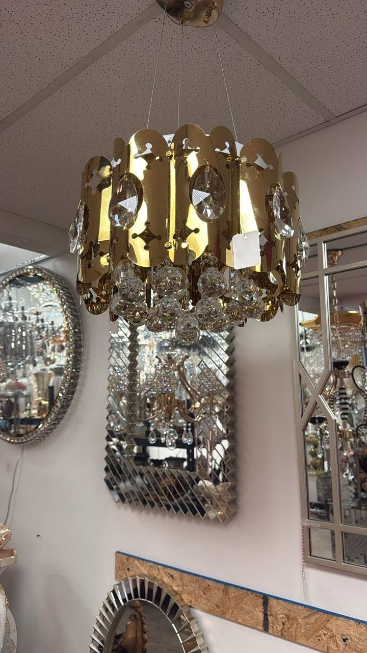 LED Gold Crystal Drum Chandelier – Adjustable Height – W 14" x H 9"