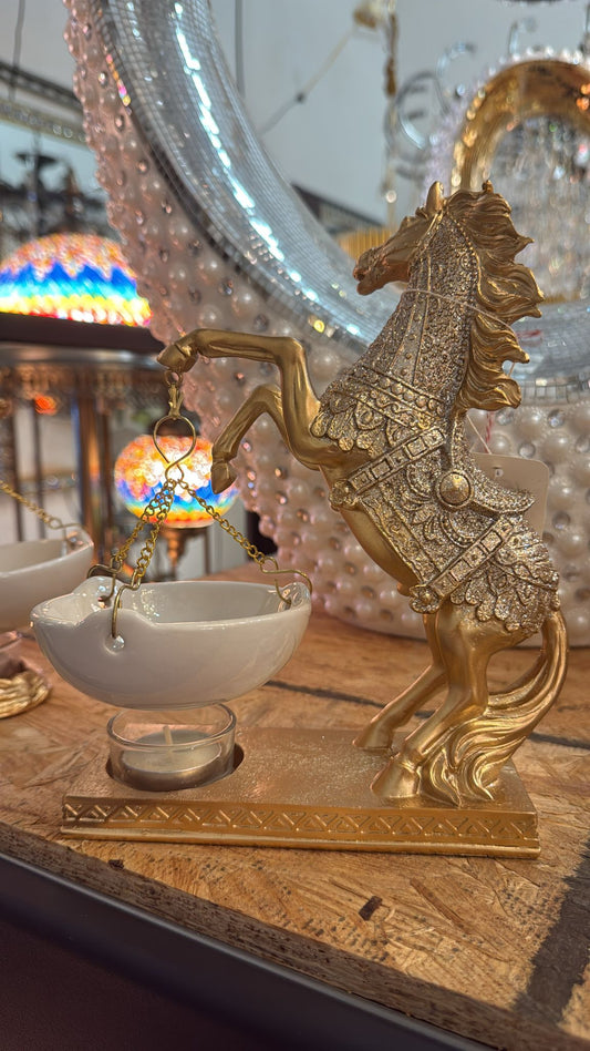 Elegant Golden Horse Ceramic Oil Burner – H 7"