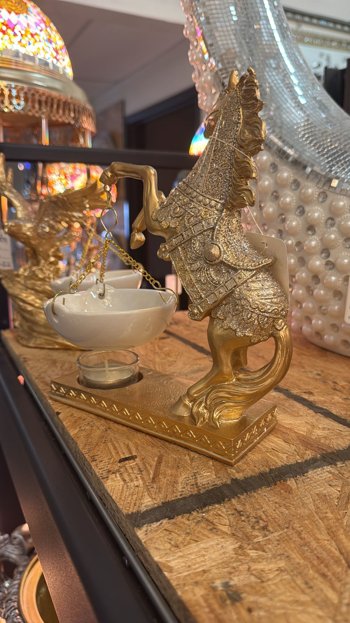 Elegant Golden Horse Ceramic Oil Burner – H 7"