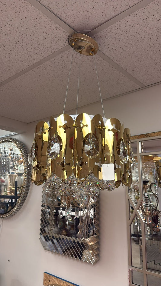 LED Gold Crystal Drum Chandelier – Adjustable Height – W 14" x H 9"