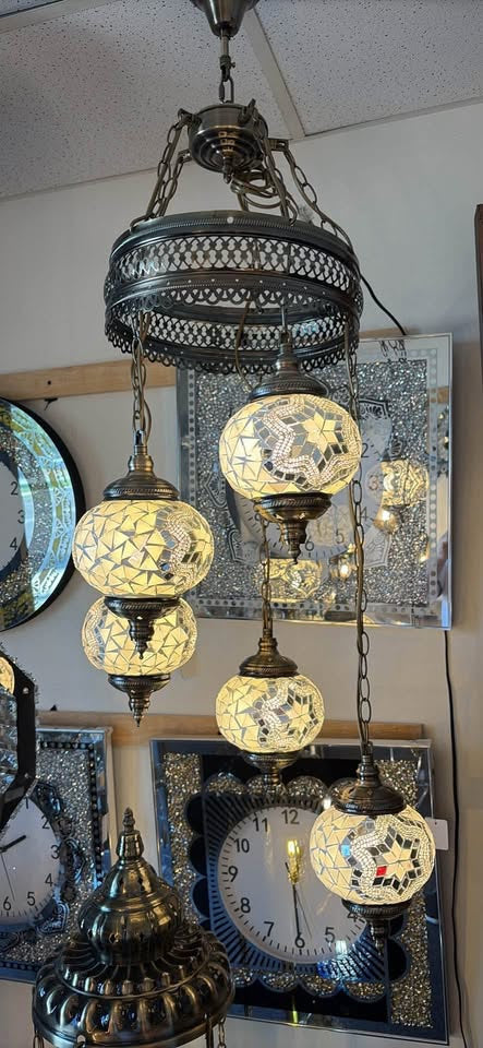 Handcrafted Turkish Mosaic Chandelier – 5 Globe Pendant Light