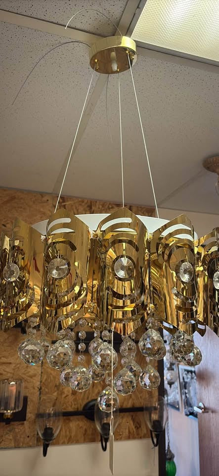 LED Gold Crystal Chandelier – W18" x H8" (Adjustable Height)