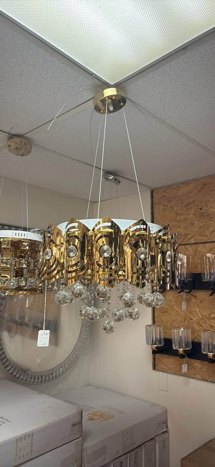 LED Gold Crystal Chandelier – W18" x H8" (Adjustable Height)