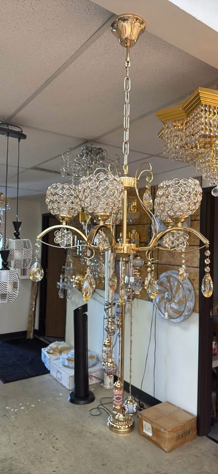 Elegant Gold Crystal Chandelier – 6 Light, Hanging Pendant