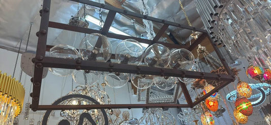clearance Rustic Industrial Rectangular Chandelier with Glass Globes, 39”W x 15”H (Adjustable)