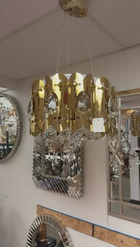LED Gold Crystal Drum Chandelier – Adjustable Height – W 14" x H 9"