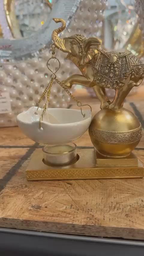 Majestic Golden Elephant Ceramic Oil Burner – H 7"