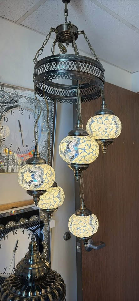Handcrafted Turkish Mosaic Chandelier – 5 Globe Pendant Light