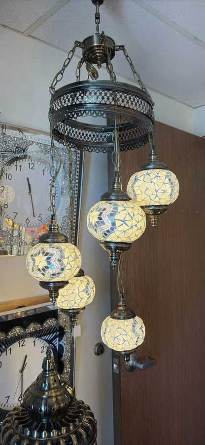 Handcrafted Turkish Mosaic Chandelier – 5 Globe Pendant Light