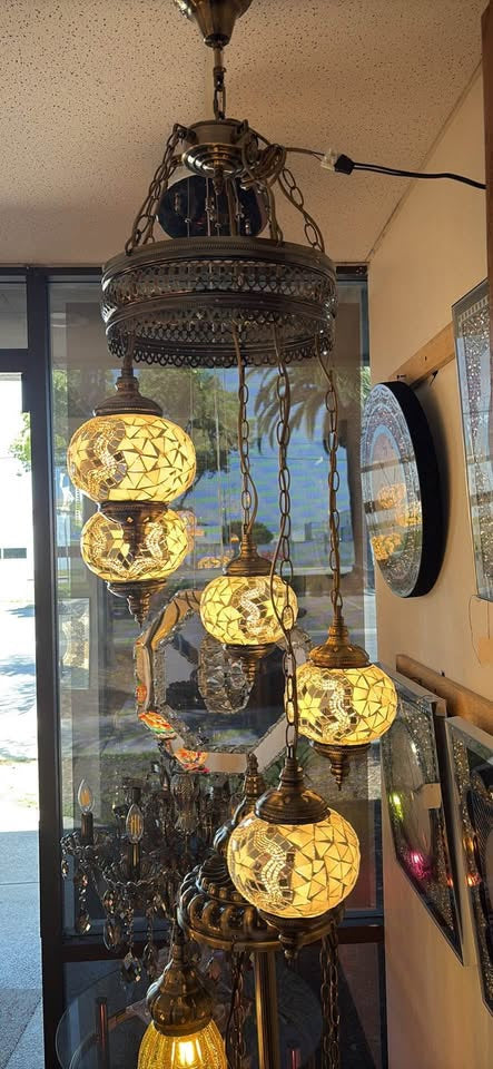 Handcrafted Turkish Mosaic Chandelier – 5 Globe Pendant Light